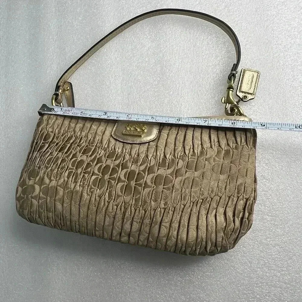 COACH Signature Madison Gold Gathered Pleated Leather‎ Strap Handbag Wristlet - Picture 8 of 13